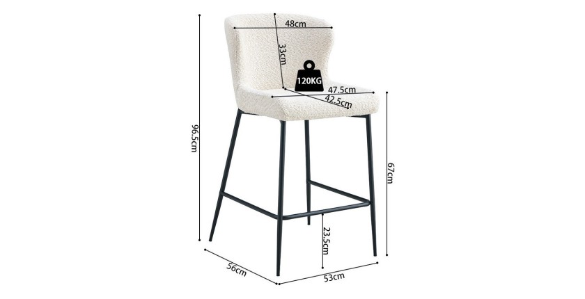Chaise de comptoir LISE – Tissu bouclé coloris blanc écru – Pieds en métal noir – Style design/industriel