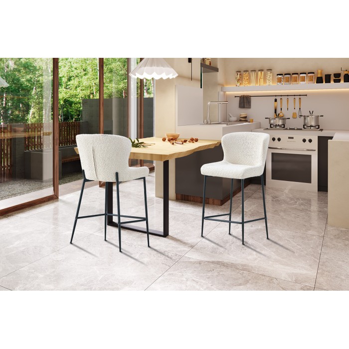 Sedia da bancone LISE - Tessuto bouclé colore bianco avorio - Piedi in metallo nero - Stile design/industriale