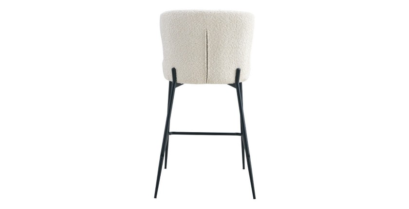Chaise de comptoir LISE – Tissu bouclé coloris blanc écru – Pieds en métal noir – Style design/industriel
