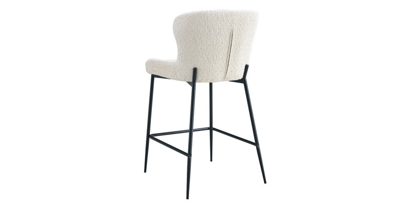 Chaise de comptoir LISE – Tissu bouclé coloris blanc écru – Pieds en métal noir – Style design/industriel