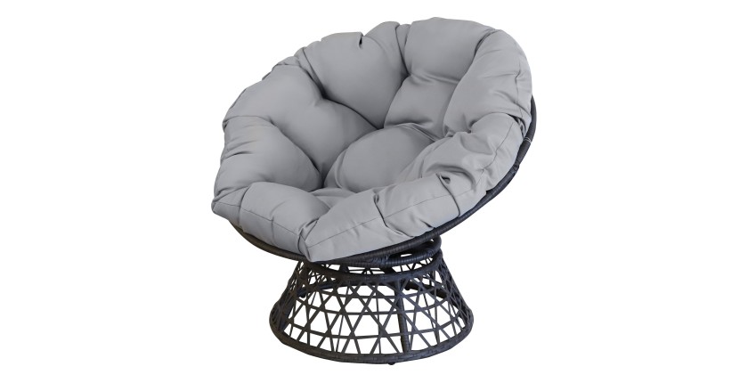 Fauteuil de jardin en résine tressée noire avec coussin gris – 96x85x80 cm – Élégance et confort