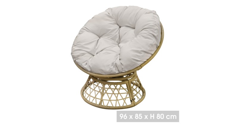 Fauteuil de jardin en résine tressée beige avec coussin gris clair – 96x85x80 cm – Élégance et confort