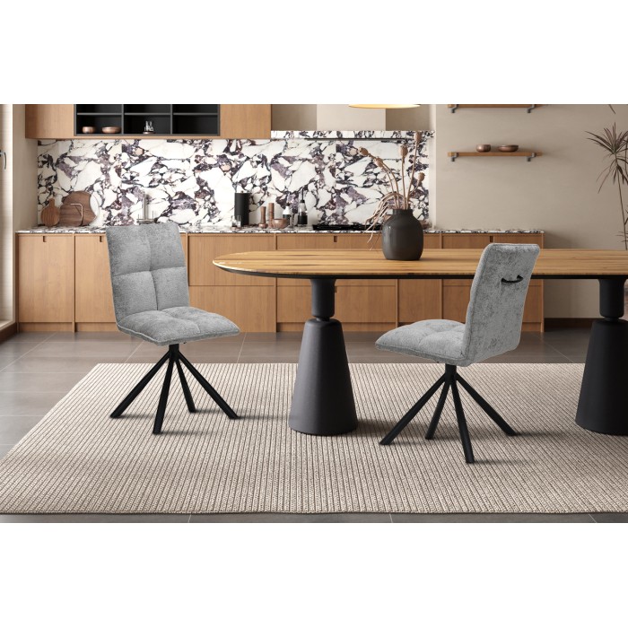 Silla giratoria para comedor DANIEL – Tela en color gris claro – Patas de metal negro – Estilo diseño/industrial