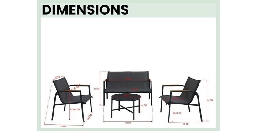 Salon da giardino 4 posti – Metallo grigio antracite e textilene – Tavolo in vetro – Eleganza e comfort