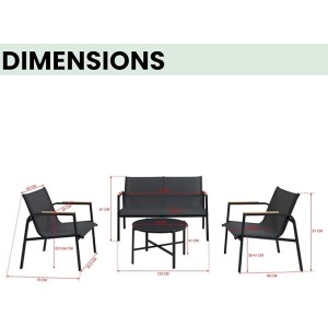 Salon da giardino 4 posti – Metallo grigio antracite e textilene – Tavolo in vetro – Eleganza e comfort