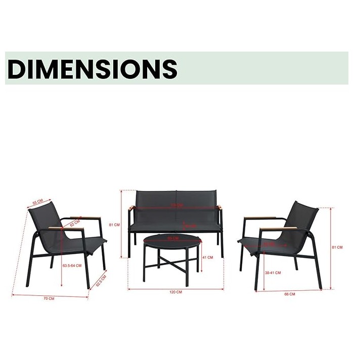 Salon de jardin 4 places – Métal vert olive et textilène – Table en verre – Élégance et confort