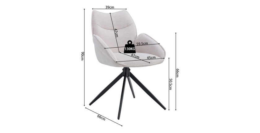Chaise de salle à manger pivotante MOOREA – Tissu beige – Pieds en métal noir – Hauteur 90 cm – Style design/industriel