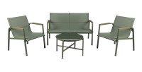 Salón de jardín 4 plazas – Metal verde oliva y textilene – Mesa de vidrio – Elegancia y confort
