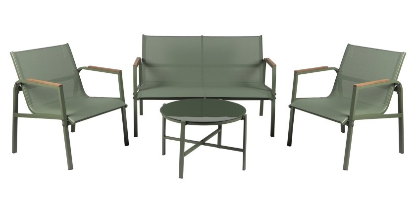 Salón de jardín 4 plazas – Metal verde oliva y textilene – Mesa de vidrio – Elegancia y confort