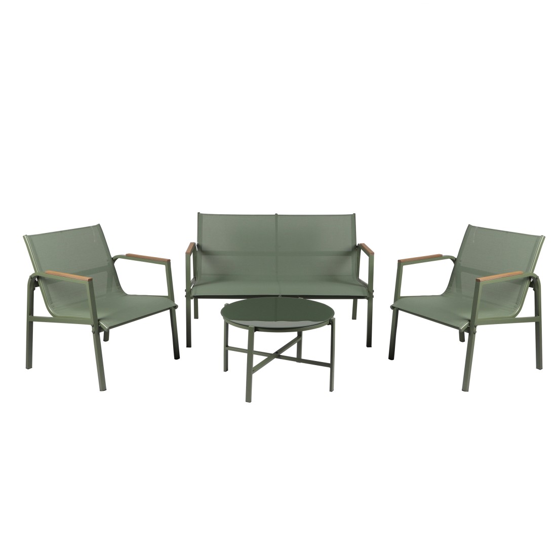 Salón de jardín 4 plazas – Metal verde oliva y textilene – Mesa de vidrio – Elegancia y confort