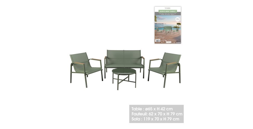 Salón de jardín 4 plazas – Metal verde oliva y textilene – Mesa de vidrio – Elegancia y confort