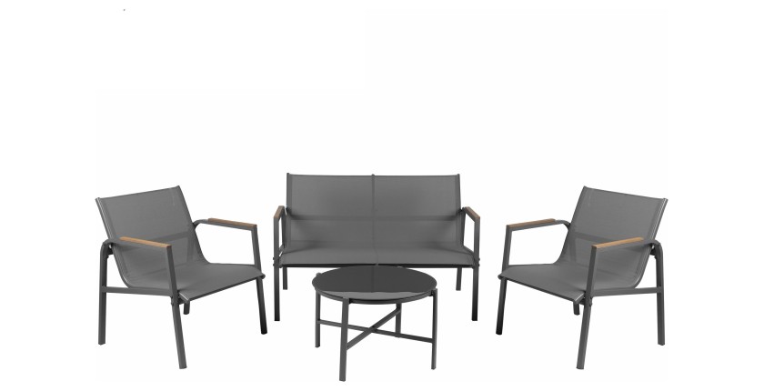 Salon da giardino 4 posti – Metallo grigio antracite e textilene – Tavolo in vetro – Eleganza e comfort