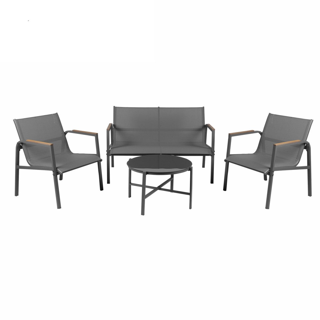 Salon da giardino 4 posti – Metallo grigio antracite e textilene – Tavolo in vetro – Eleganza e comfort