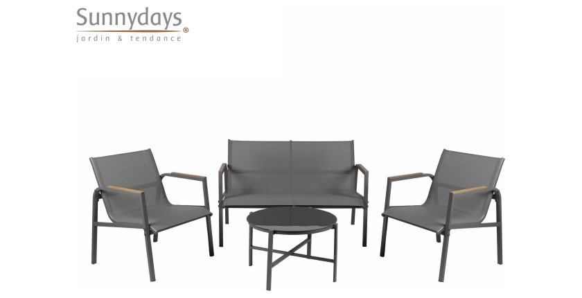 Salon da giardino 4 posti – Metallo grigio antracite e textilene – Tavolo in vetro – Eleganza e comfort