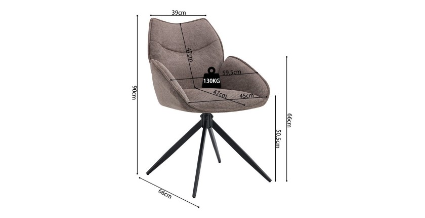 Chaise de salle à manger pivotante MOOREA – Tissu marron – Pieds en métal noir – Hauteur 90 cm – Style design/industriel