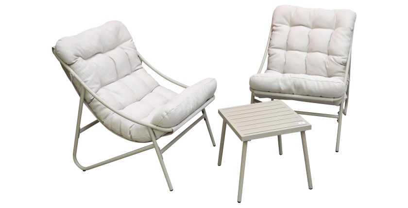Conjunto de jardín para 2 personas – Beige con cojines blancos – 2 sillones + mesa auxiliar