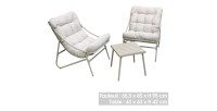 Salon de jardin 2 places – Beige avec coussins blancs – 2 fauteuils + table d’appoint