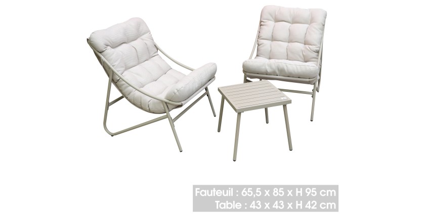 Salon de jardin 2 places – Beige avec coussins blancs – 2 fauteuils + table d’appoint