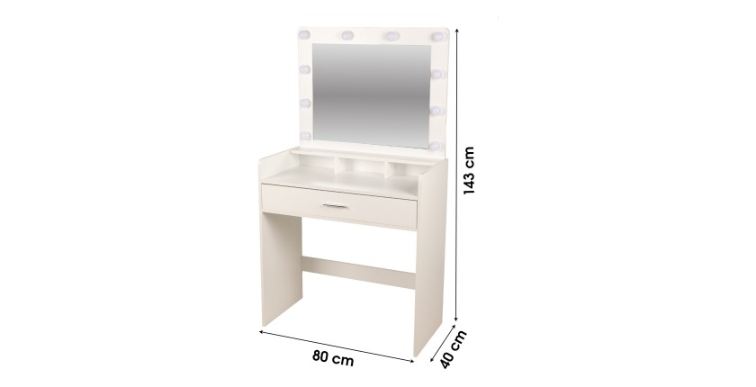 Coiffeuse design blanche avec tiroir et miroir LED – 80x40x143 cm – Élégance et fonctionnalité