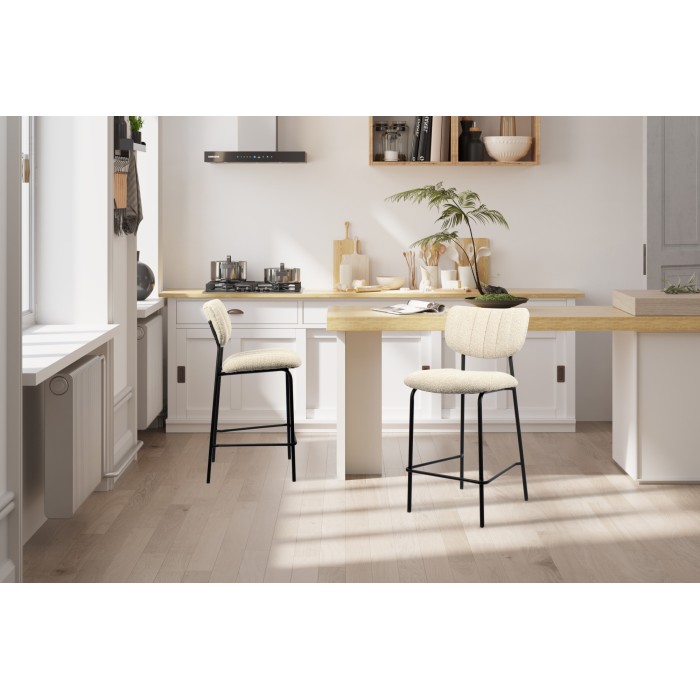 Sedia da bancone VENTURA – Tessuto beige – Piedi in metallo nero – Altezza 97 cm – Stile design/industriale