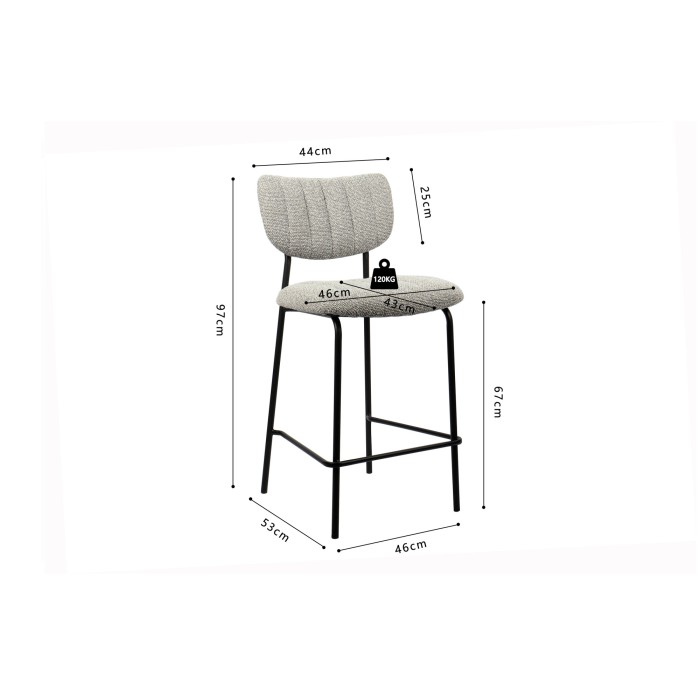 Sedia da banco VENTURA – Tessuto grigio chiaro – Piedi in metallo nero – Altezza 97 cm – Stile design/industriale