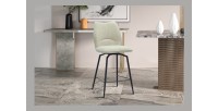 Chaise de comptoir pivotante CROFT – Tissu écru – Pieds en métal noir – Hauteur 103 cm – Style design/industriel