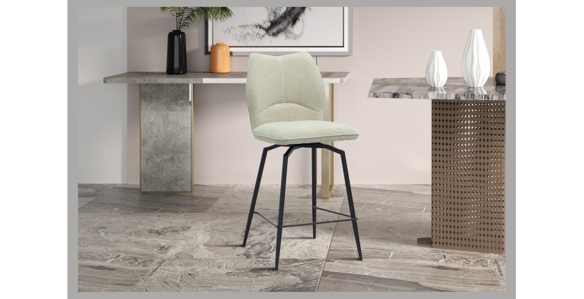 Chaise de comptoir pivotante CROFT – Tissu écru – Pieds en métal noir – Hauteur 103 cm – Style design/industriel