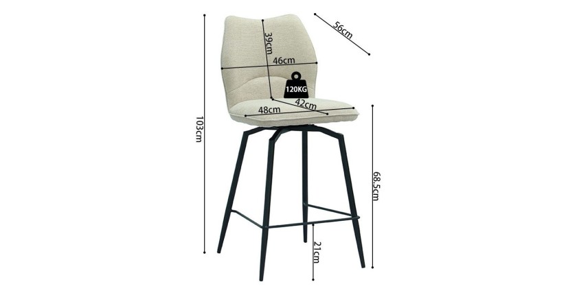 Chaise de comptoir pivotante CROFT – Tissu écru – Pieds en métal noir – Hauteur 103 cm – Style design/industriel