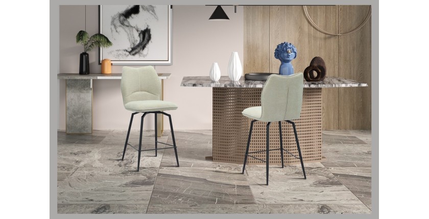 Chaise de comptoir pivotante CROFT – Tissu écru – Pieds en métal noir – Hauteur 103 cm – Style design/industriel