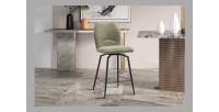 Chaise de comptoir pivotante CROFT – Tissu beige sable – Pieds en métal noir – Hauteur 103 cm – Style design/industriel