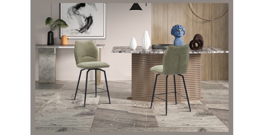 Chaise de comptoir pivotante CROFT – Tissu beige sable – Pieds en métal noir – Hauteur 103 cm – Style design/industriel