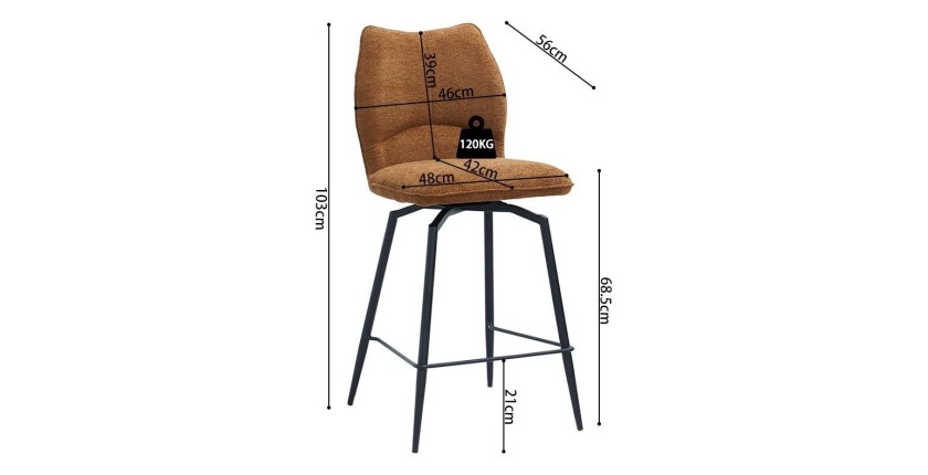 Chaise de comptoir pivotante CROFT – Tissu marron rouille – Pieds en métal noir – Hauteur 103 cm – Style design/industriel