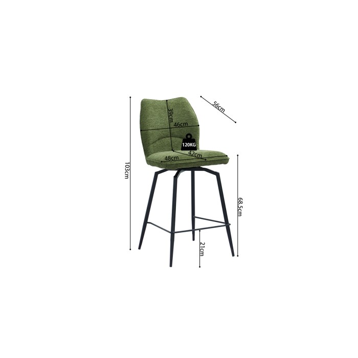 Sedia da bancone girevole CROFT – Tessuto verde – Piedi in metallo nero – Altezza 103 cm – Stile design/industriale