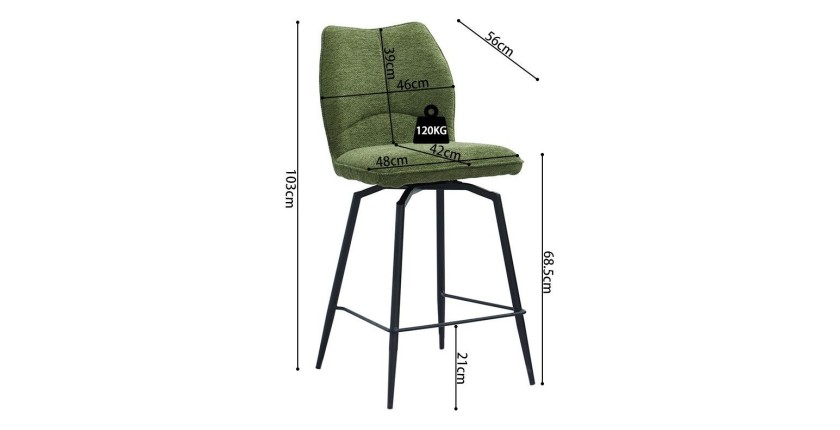 Chaise de comptoir pivotante CROFT – Tissu vert – Pieds en métal noir – Hauteur 103 cm – Style design/industriel
