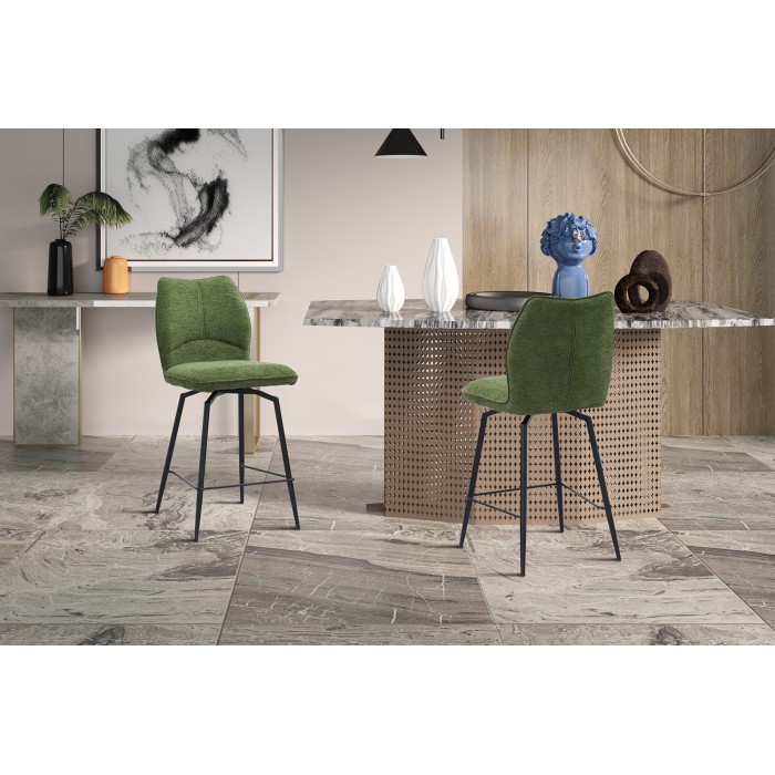 Sedia da bancone girevole CROFT – Tessuto verde – Piedi in metallo nero – Altezza 103 cm – Stile design/industriale