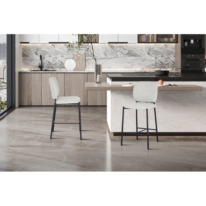 Sedia da banco RITA – Tessuto beige – Gambe in metallo nero – Altezza 99 cm – Stile design/industriale