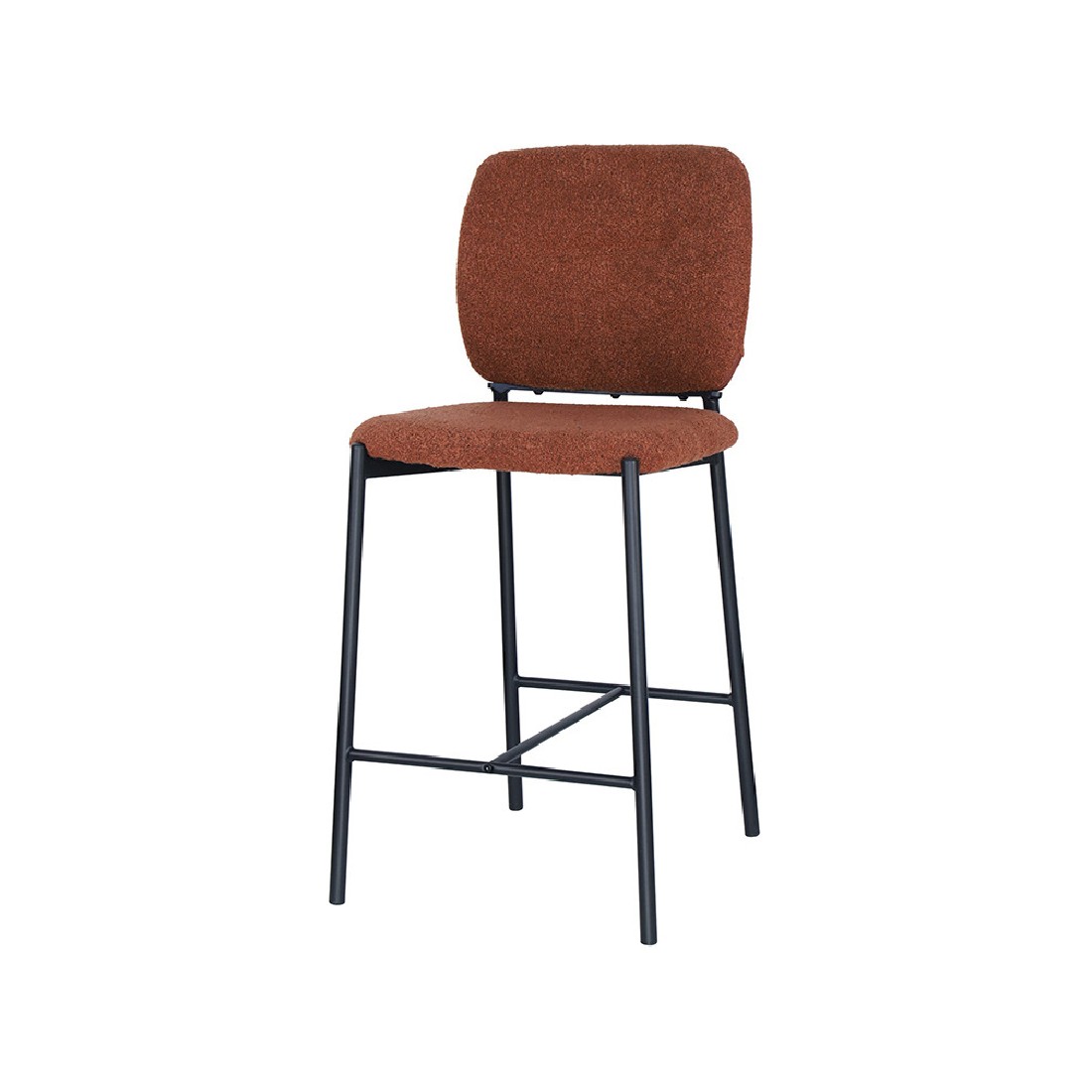 Chaise de comptoir RITA – Tissu marron rouille – Pieds en métal noir – Hauteur 99 cm – Style design/industriel
