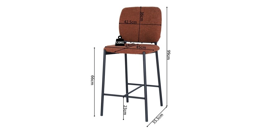 Sedia da bancone RITA – Tessuto marrone ruggine – Gambe in metallo nero – Altezza 99 cm – Stile design/industriale