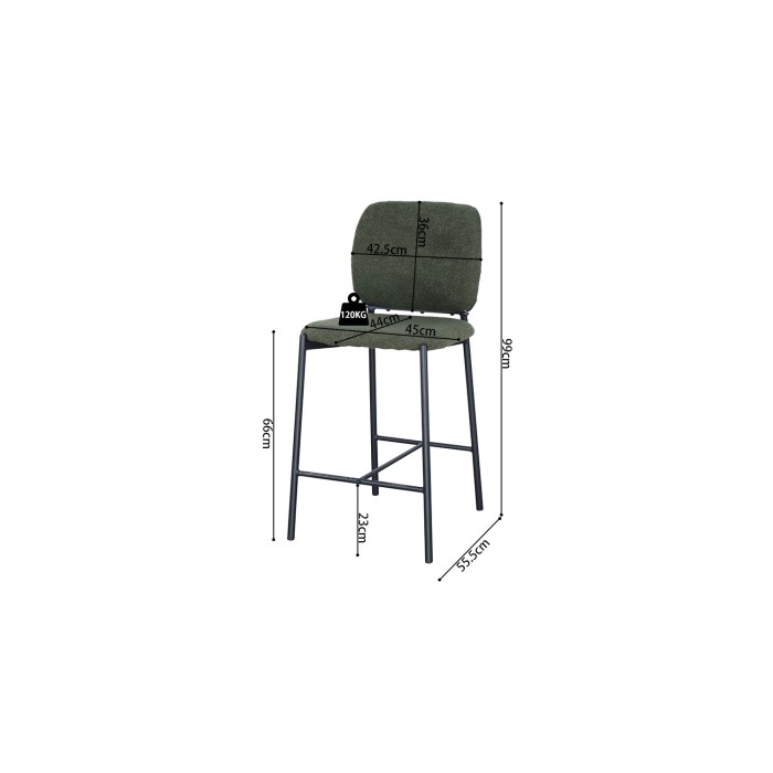 Sedia da bancone RITA – Tessuto verde – Gambe in metallo nero – Altezza 99 cm – Stile design/industriale
