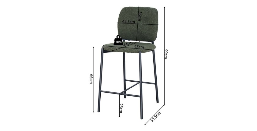 Counterstoel RITA – Groene stof – Zwarte metalen poten – Hoogte 99 cm – Design/industriële stijl