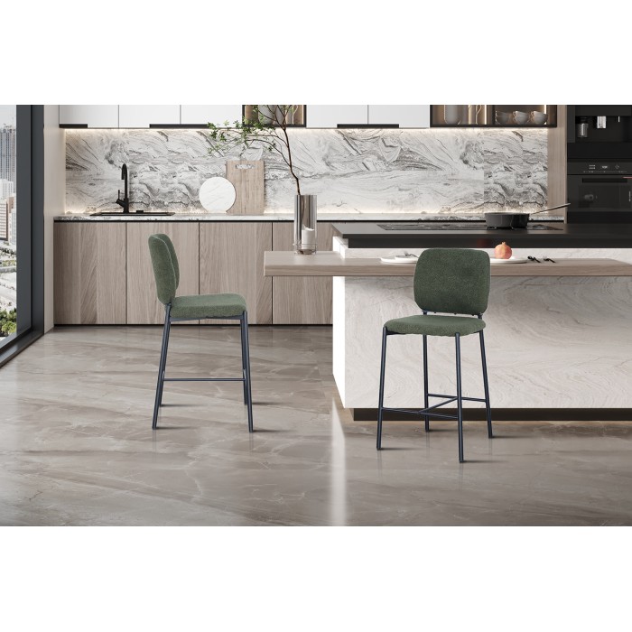 Sedia da bancone RITA – Tessuto verde – Gambe in metallo nero – Altezza 99 cm – Stile design/industriale