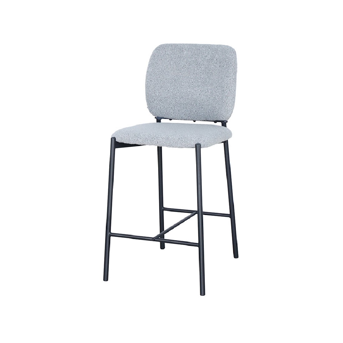 Sedia da bancone RITA – Tessuto grigio chiaro – Piedi in metallo nero – Altezza 99 cm – Stile design/industriale