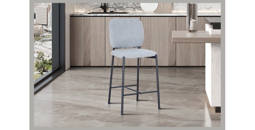 Chaise de comptoir RITA – Tissu gris clair – Pieds en métal noir – Hauteur 99 cm – Style design/industriel