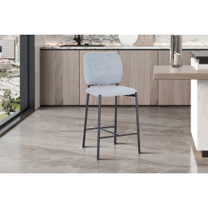Sedia da bancone RITA – Tessuto grigio chiaro – Piedi in metallo nero – Altezza 99 cm – Stile design/industriale