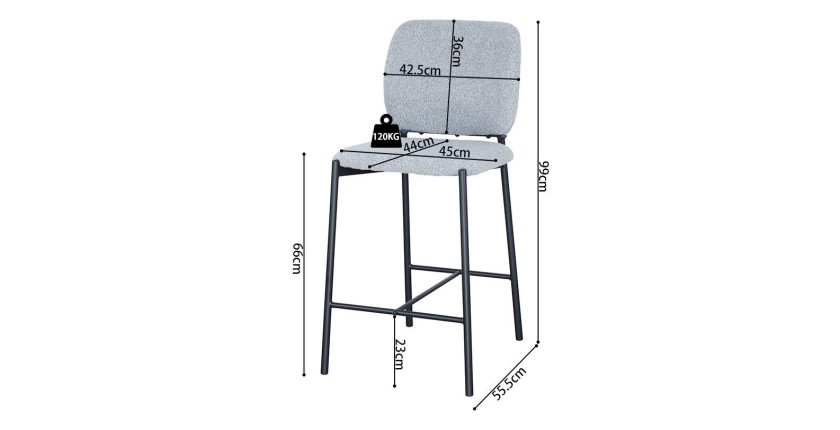 Sedia da bancone RITA – Tessuto grigio chiaro – Piedi in metallo nero – Altezza 99 cm – Stile design/industriale