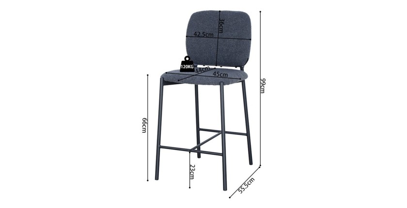 Chaise de comptoir RITA – Tissu gris foncé – Pieds en métal noir – Hauteur 99 cm – Style design/industriel