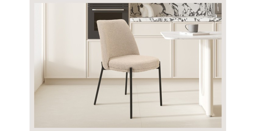 Chaise de salle à manger ELISA – Tissu Stof sable – Pieds en métal noir – Hauteur 83 cm – Style design/industriel