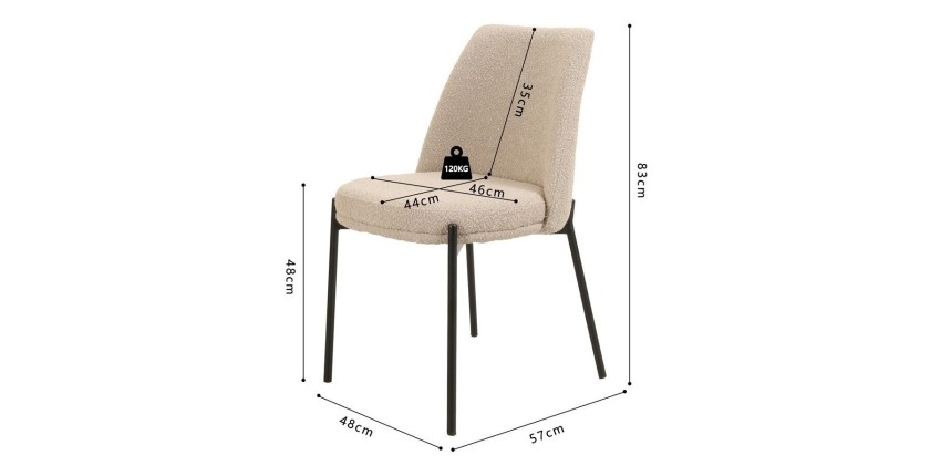 Chaise de salle à manger ELISA – Tissu Stof sable – Pieds en métal noir – Hauteur 83 cm – Style design/industriel