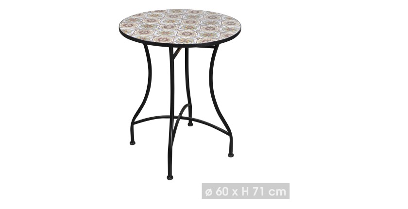 Table de jardin ronde bistrot collection PORTO – Mosaïque décorative – Métal noir – Ø60xH71 cm
