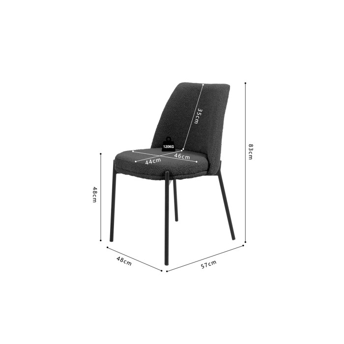 Chaise de salle à manger ELISA – Tissu Stof gris – Pieds en métal noir – Hauteur 83 cm – Style design/industriel
